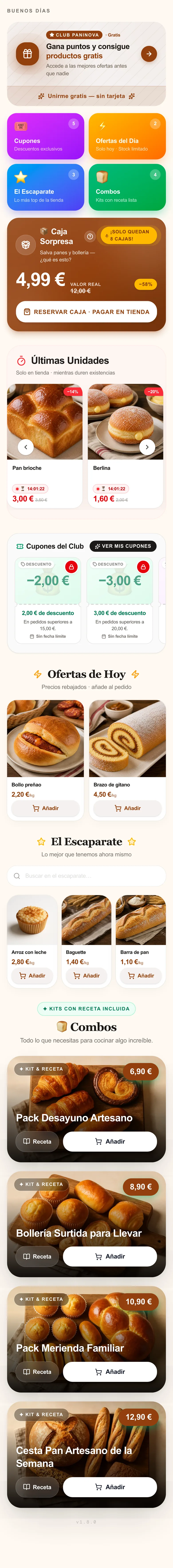 La portada de una panadería en PaniNova: club de puntos, cupones, ofertas del día, combos con receta y una caja sorpresa de pan y bollería a 4,99 €